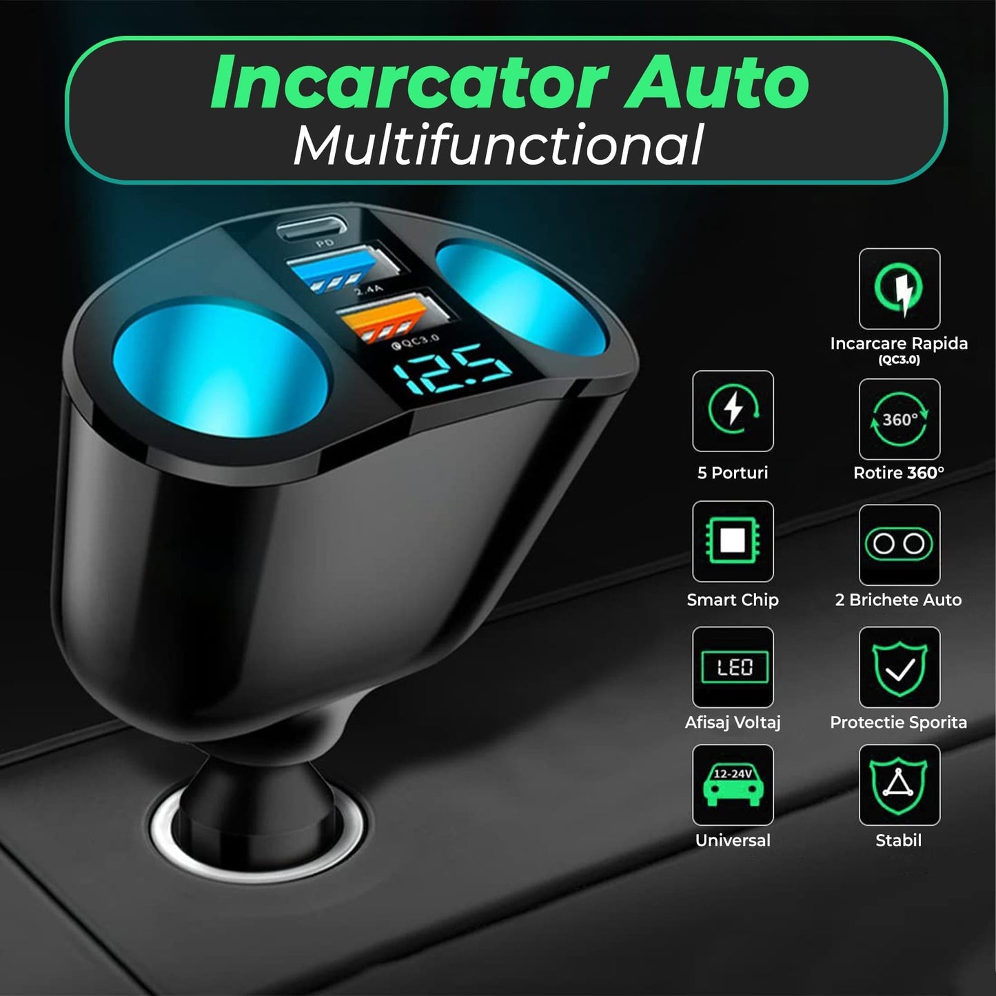Adaptor priza auto multiplicator 120 W Timebox, 2x soclu auto, 2 x USB, Negru