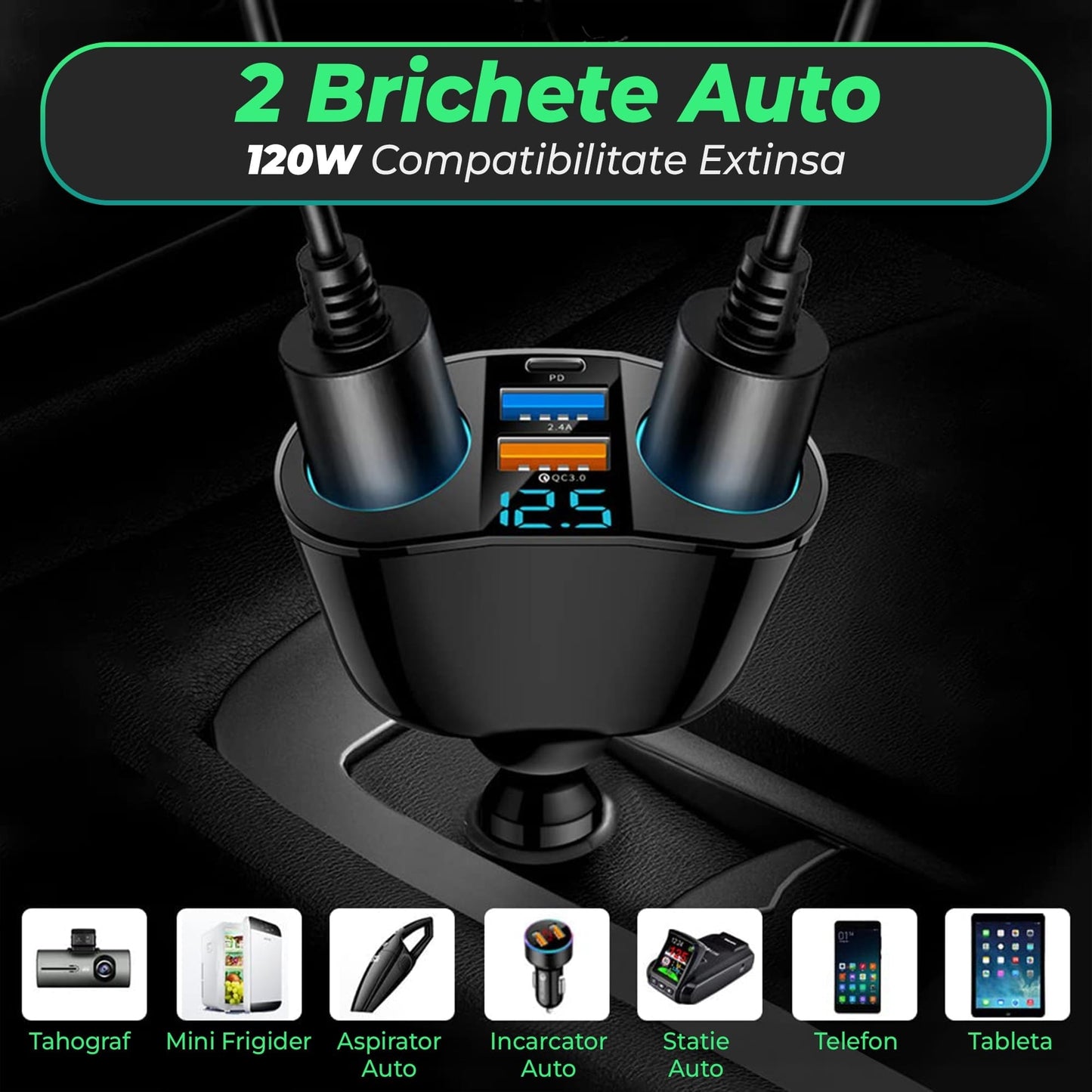 Adaptor priza auto multiplicator 120 W Timebox, 2x soclu auto, 2 x USB, Negru