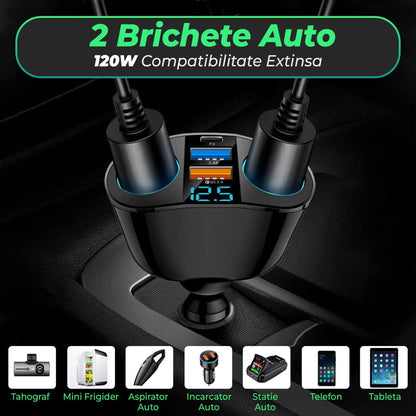 Adaptor priza auto multiplicator 120 W Timebox, 2x soclu auto, 2 x USB, Negru