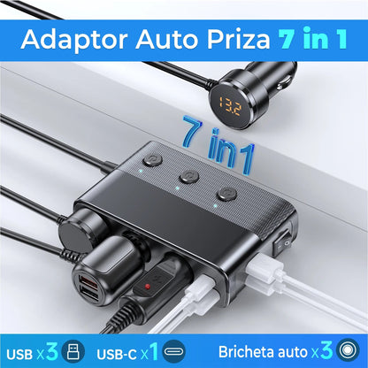Adaptor priza auto Timebox, 128W, 3 x USB, 1 x USB-C, 7 in 1, 3x soclu masina, Negru