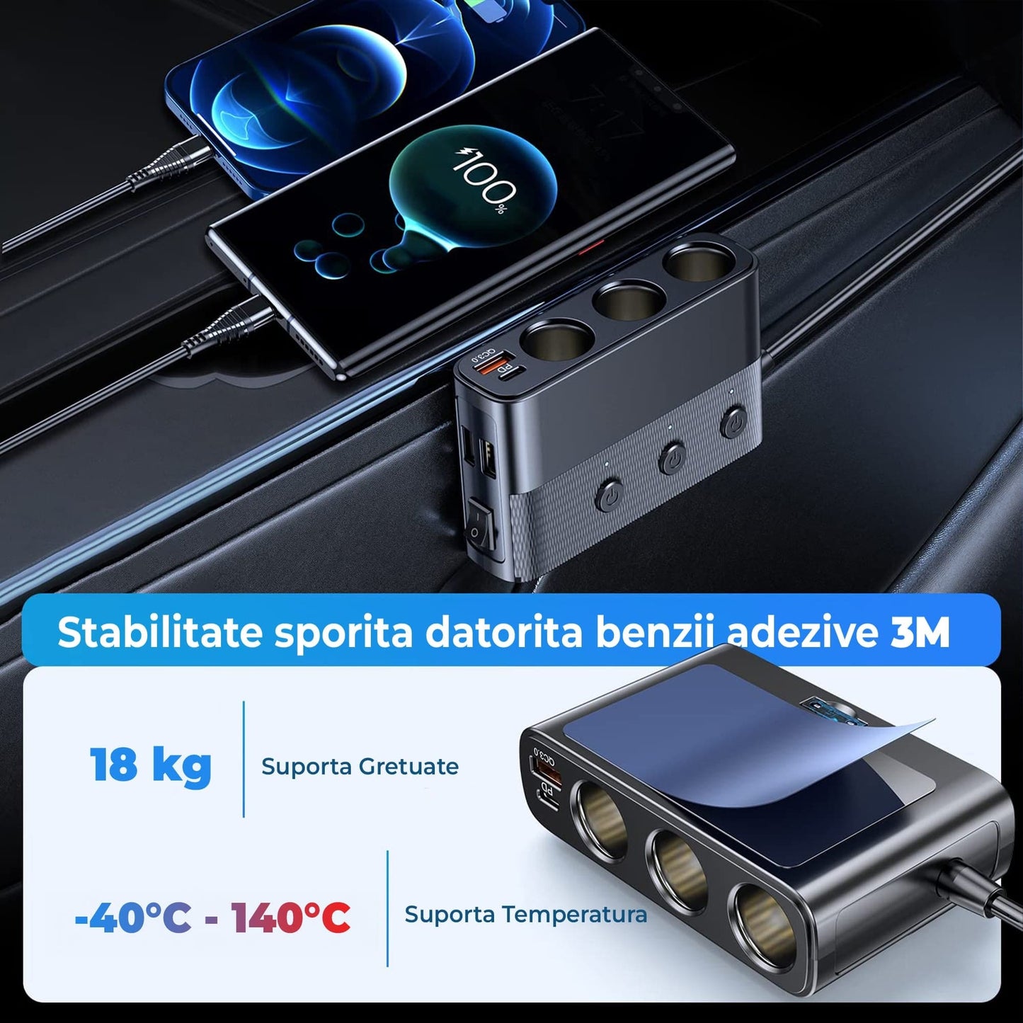 Adaptor priza auto Timebox, 128W, 3 x USB, 1 x USB-C, 7 in 1, 3x soclu masina, Negru