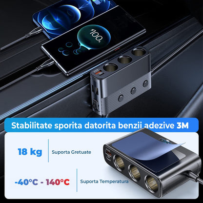 Adaptor priza auto Timebox, 128W, 3 x USB, 1 x USB-C, 7 in 1, 3x soclu masina, Negru