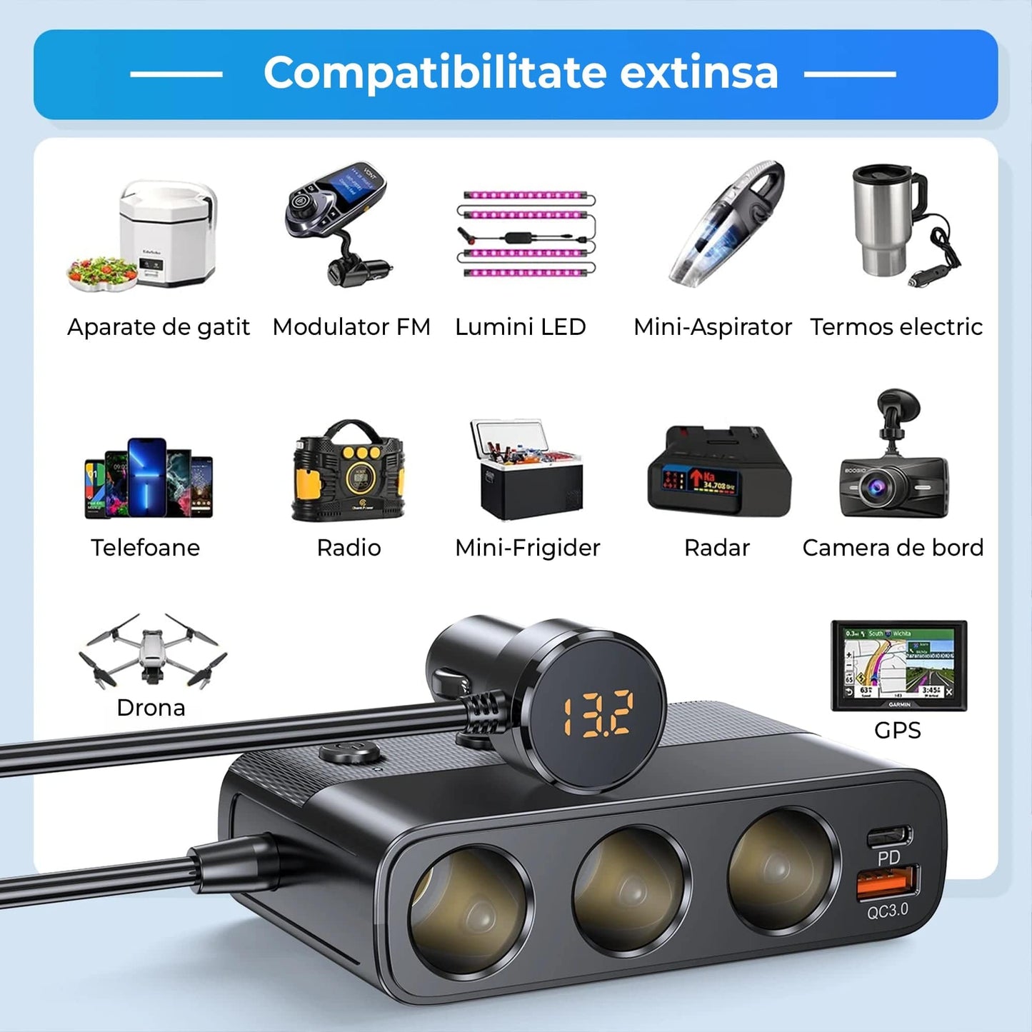 Adaptor priza auto Timebox, 128W, 3 x USB, 1 x USB-C, 7 in 1, 3x soclu masina, Negru