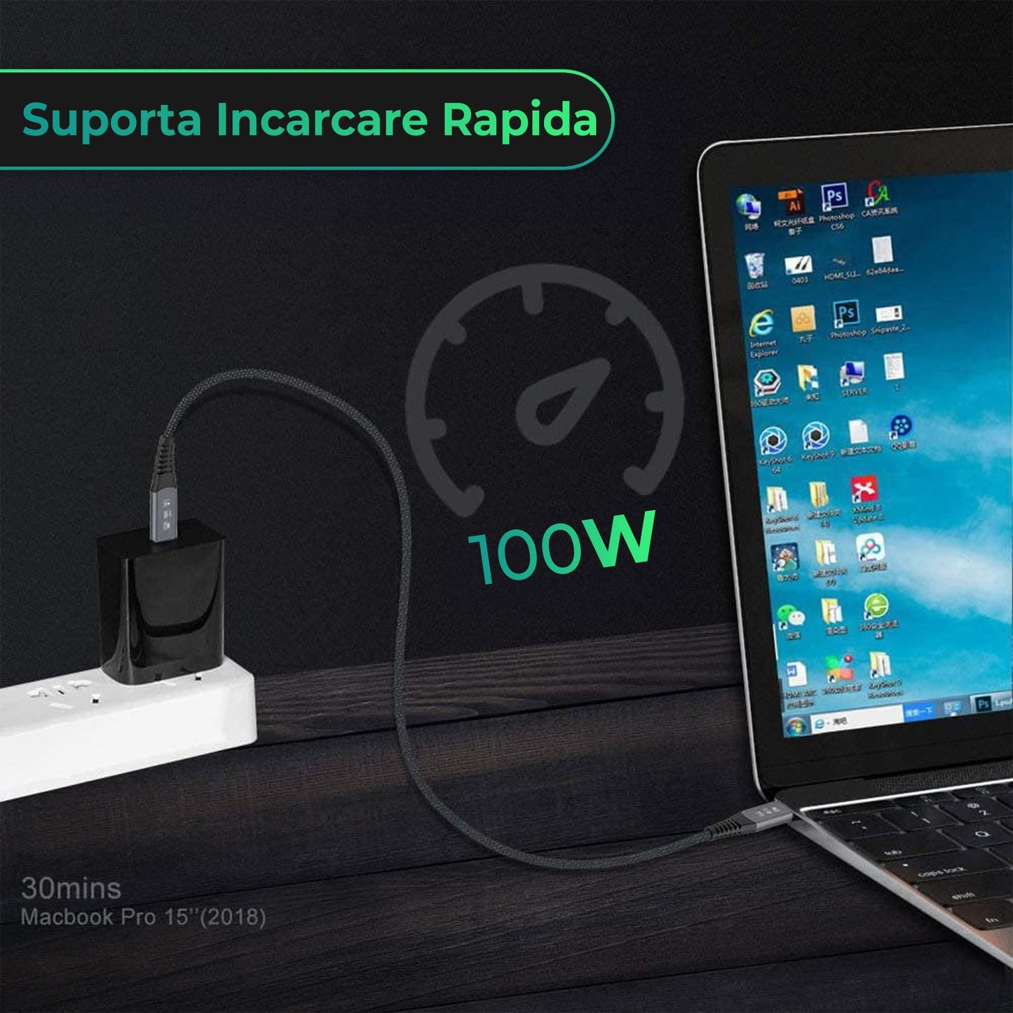Cablu de date si Incarcare Rapida Timebox, Type-C la Type-C, 100W, 1,2m, USB4