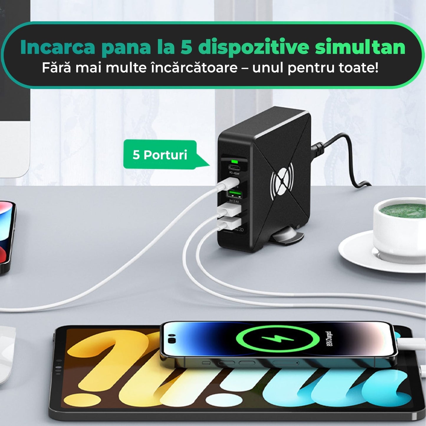 Incarcator Retea Timebox, 5 Porturi, 75W, 2 x USB, 2 x Type-C, Negru