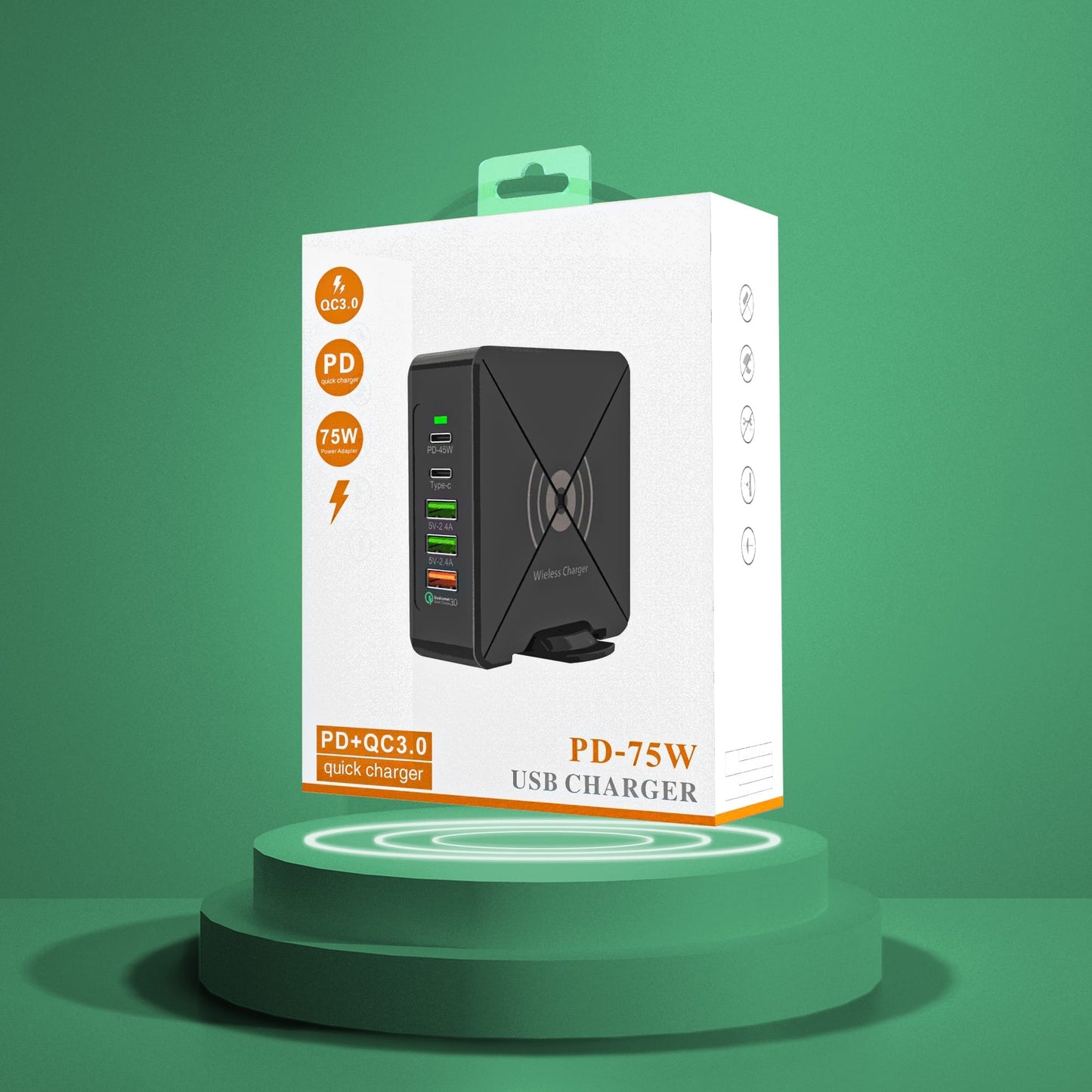Incarcator Retea Timebox, 5 Porturi, 75W, 2 x USB, 2 x Type-C, Negru