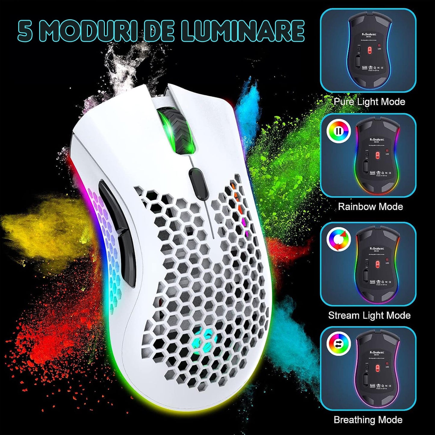 Mouse gaming wireless Timebox, ultrausor 95g, FastCharge, USB, 4 GHz, Alb