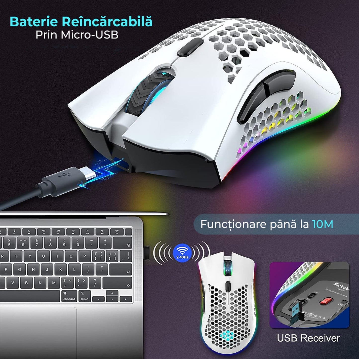 Mouse gaming wireless Timebox, ultrausor 95g, FastCharge, USB, 4 GHz, Alb