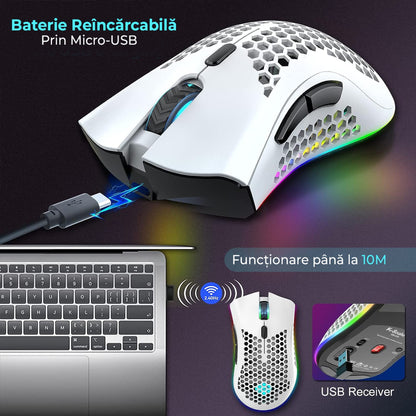 Mouse gaming wireless Timebox, ultrausor 95g, FastCharge, USB, 4 GHz, Alb