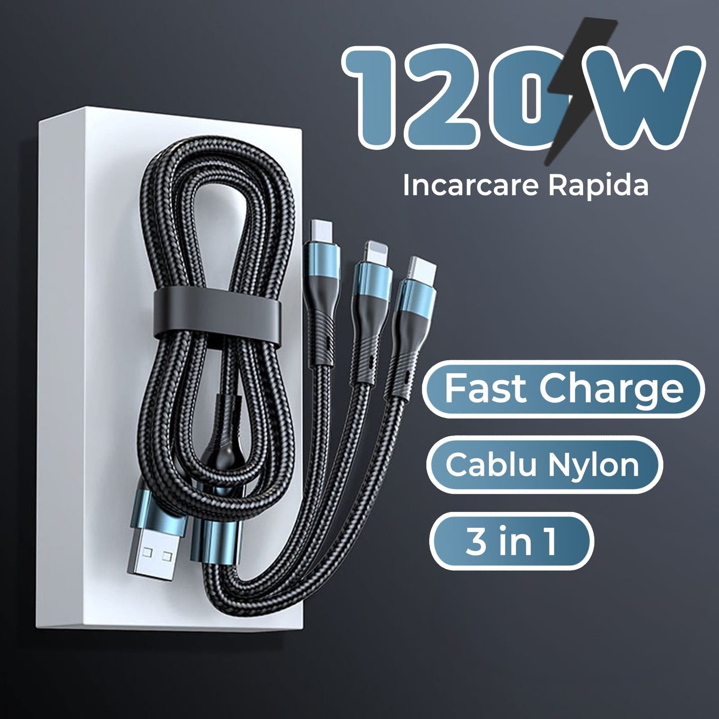 Cablu de date si incarcare Rapida Timebox, 3 in 1, 120W, Nailon, USB, Albastru