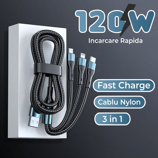 Cablu de date si incarcare Rapida Timebox, 3 in 1, 120W, Nailon, USB, Albastru
