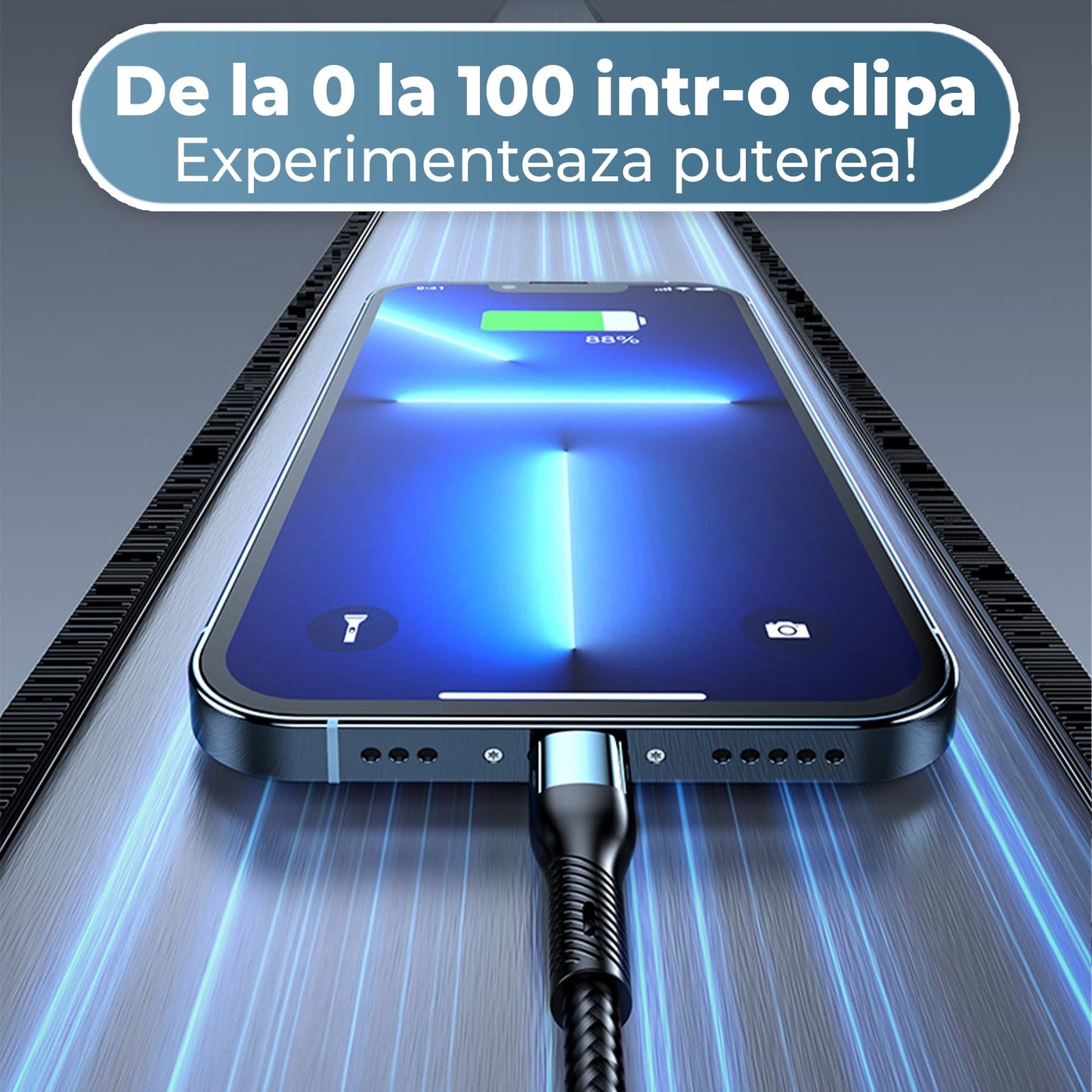 Cablu de date si incarcare Rapida Timebox, 3 in 1, 120W, Nailon, USB, Albastru