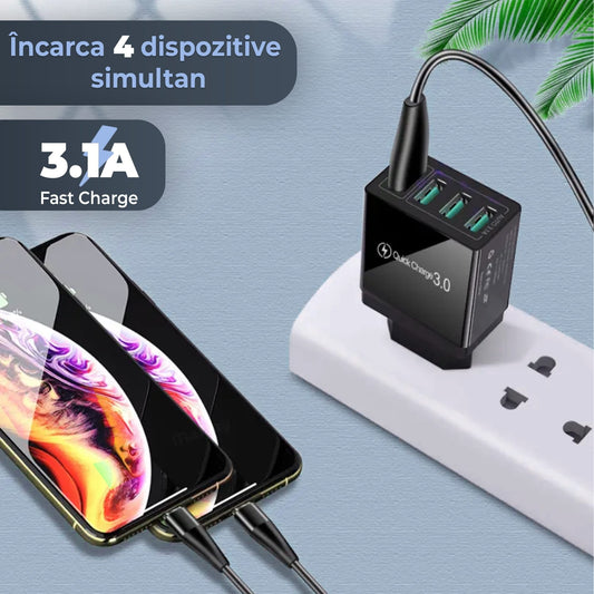 Incarcator Retea 4 porturi Timebox, 20W, 3 x USB, 1 x Quick-Charge 3, Negru