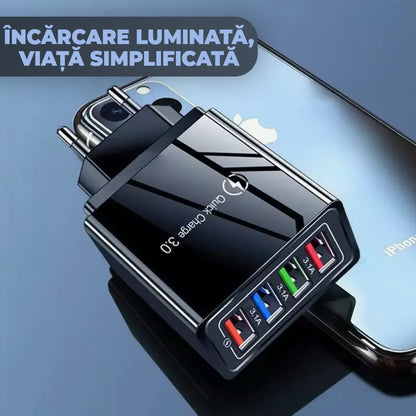 Incarcator Retea 4 porturi Timebox, 20W, 3 x USB, 1 x Quick-Charge 3, Negru