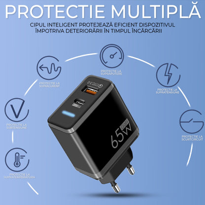 Incarcator Retea Timebox, 2 Porturi, 65W, 1 x Type-C, 1 x Q, C 3, LED, Negru