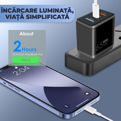 Incarcator Retea Timebox, 2 Porturi, 65W, 1 x Type-C, 1 x Q, C 3, LED, Negru