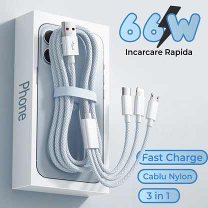 Cablu Date si Incarcare Rapida Timebox, 3 in 1, 66W, 1,2m, QC 3, USB, Gri