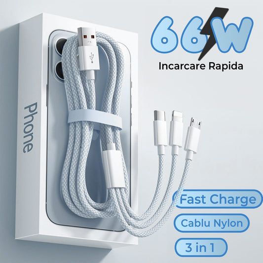 Cablu Date si Incarcare Rapida Timebox, 3 in 1, 66W, 1,2m, QC 3, USB, Gri