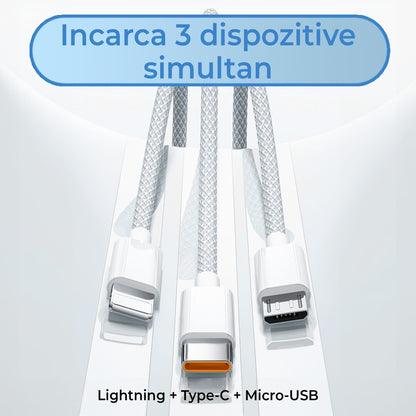 Cablu Date si Incarcare Rapida Timebox, 3 in 1, 66W, 1,2m, QC 3, USB, Gri