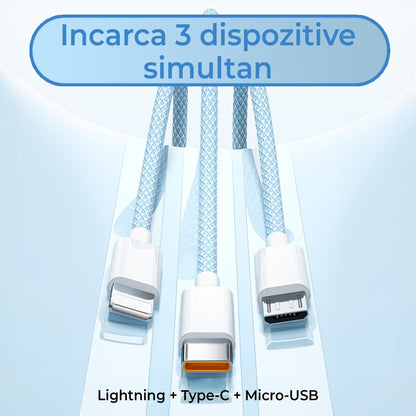 Cablu Date si Incarcare Rapida Timebox, 3 in 1, 66W, 1,2m, QC 3, USB, Albastru