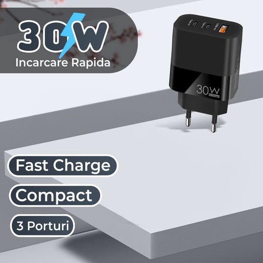 Incarcator Retea Timebox, 3 Porturi, 30W, 1 x Type-C, 2 x USB, LED, Negru