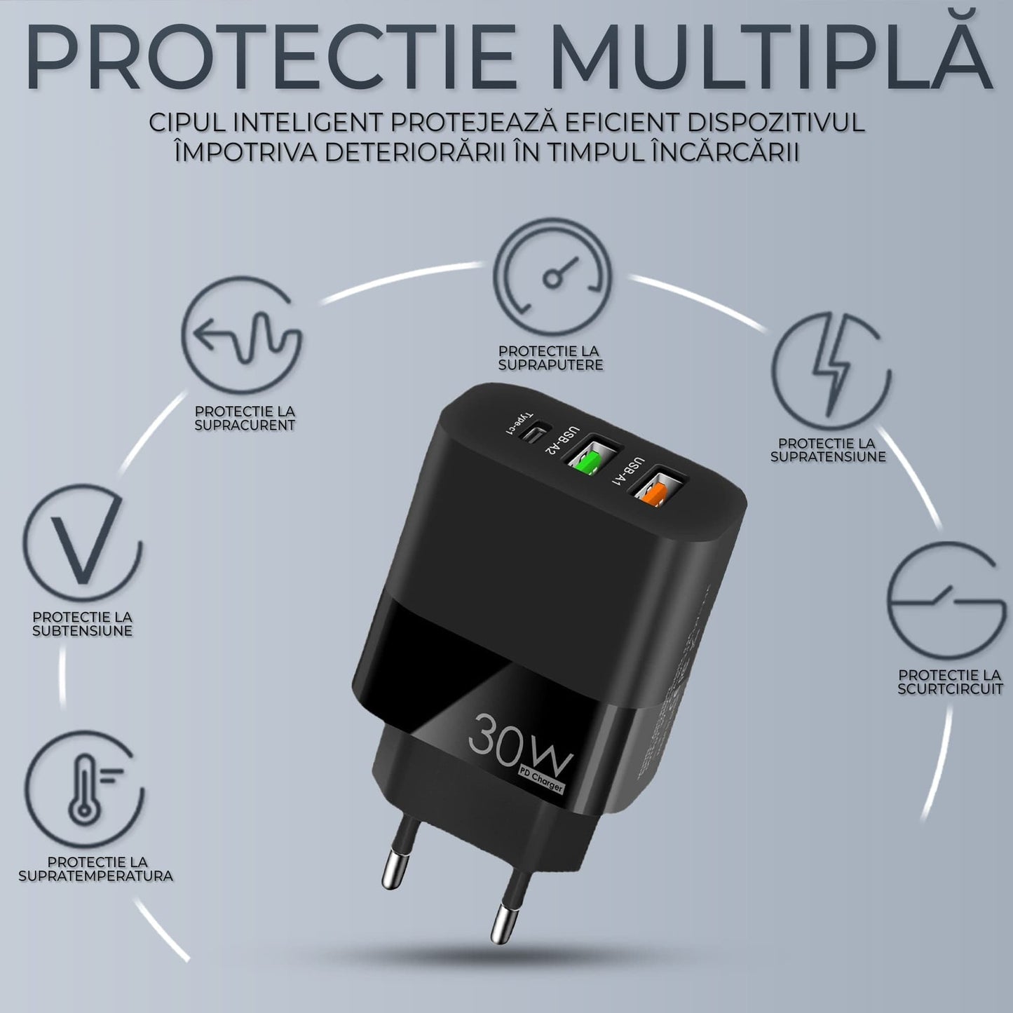 Incarcator Retea Timebox, 3 Porturi, 30W, 1 x Type-C, 2 x USB, LED, Negru