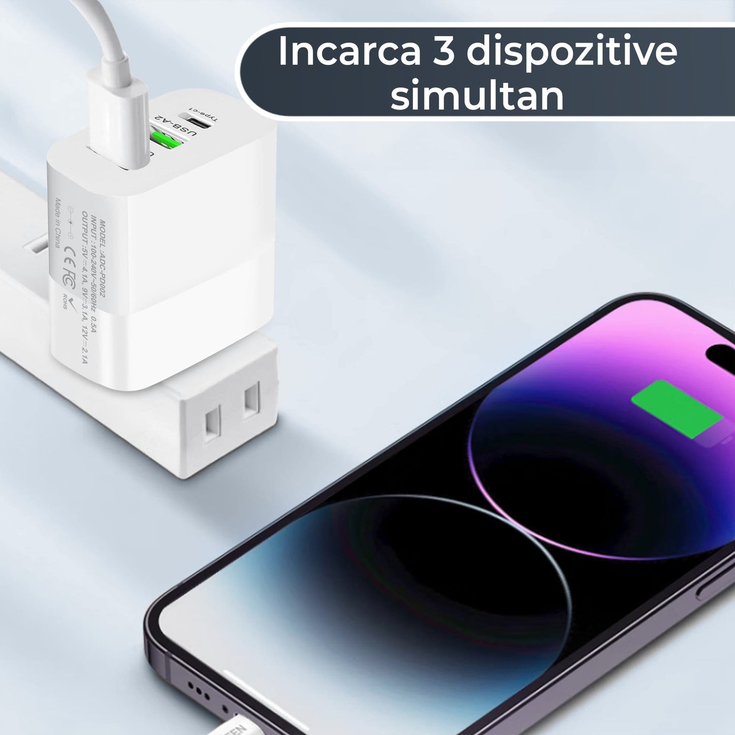 Incarcator Retea Timebox, 3 Porturi, 30W, 1 x Type-C, 2 x USB, LED, Negru