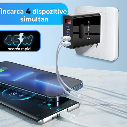 Incarcator Retea Timebox, 4 Porturi, 45W, 2 x Type-C, 2 x USB, Negru