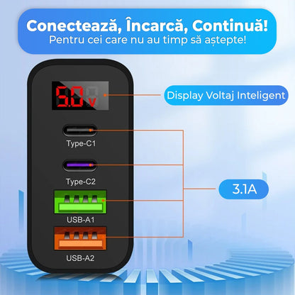 Incarcator Retea Timebox, 4 Porturi, 45W, 2 x Type-C, 2 x USB, Negru
