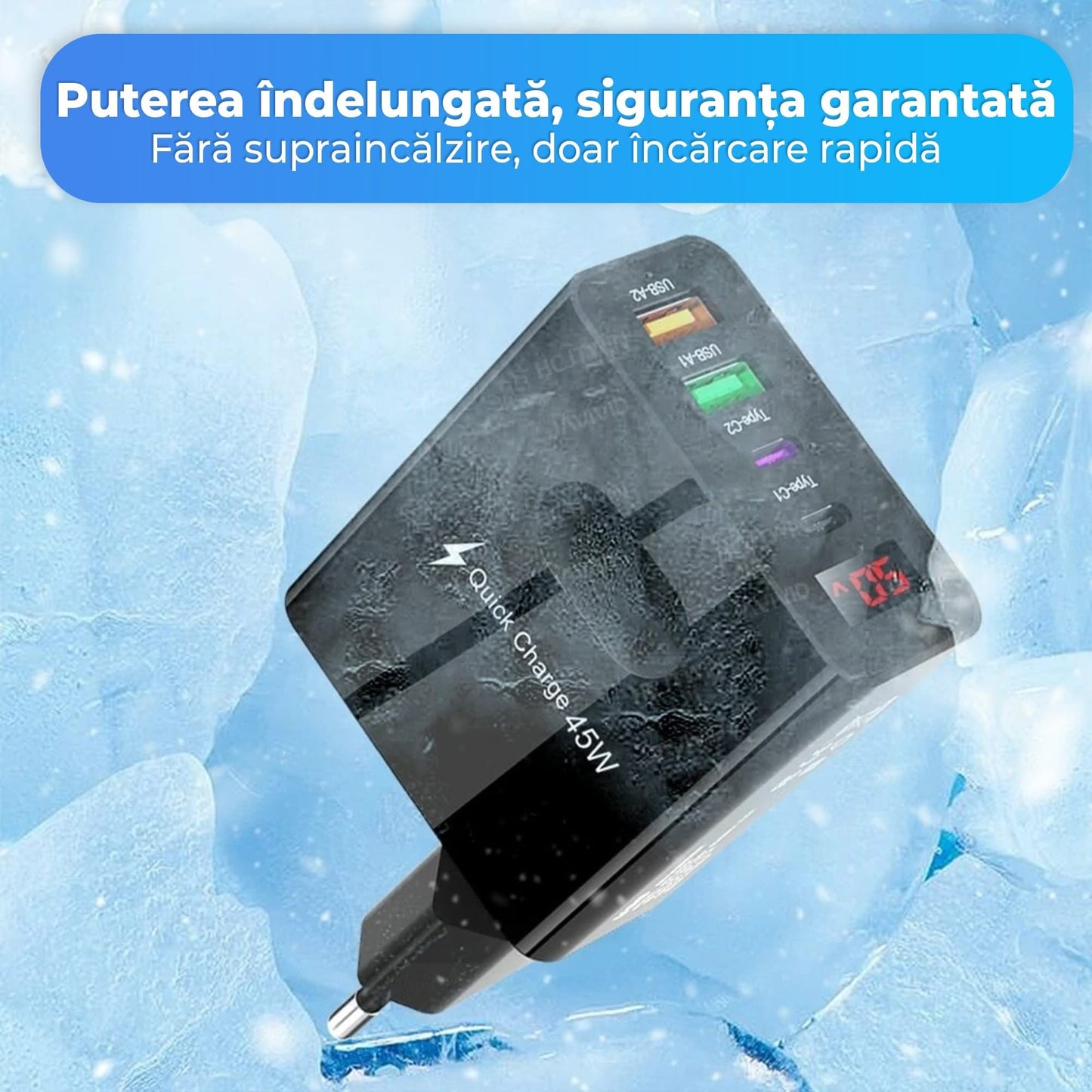 Incarcator Retea Timebox, 4 Porturi, 45W, 2 x Type-C, 2 x USB, Negru