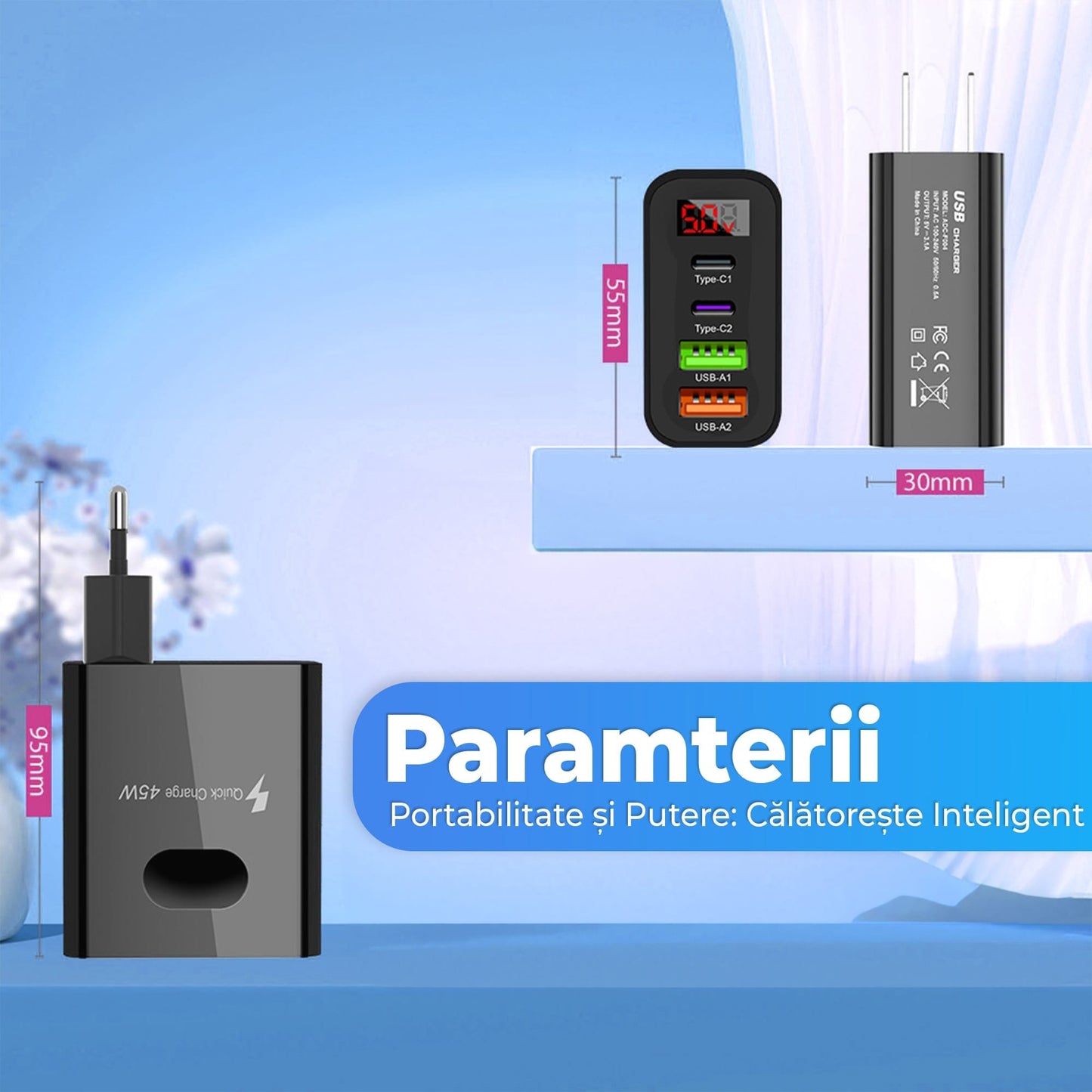 Incarcator Retea Timebox, 4 Porturi, 45W, 2 x Type-C, 2 x USB, Negru