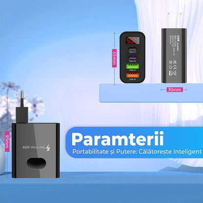 Incarcator Retea Timebox, 4 Porturi, 45W, 2 x Type-C, 2 x USB, Negru