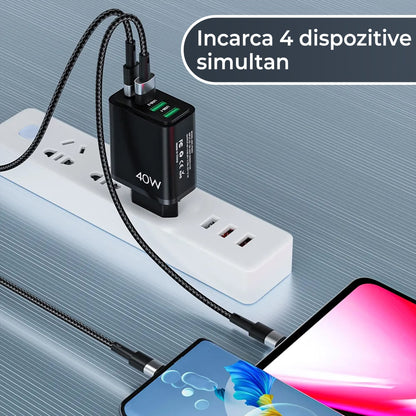 Incarcator Retea Timebox, 4 Porturi, 40W, 1 x Type-C, 3 x USB, Negru