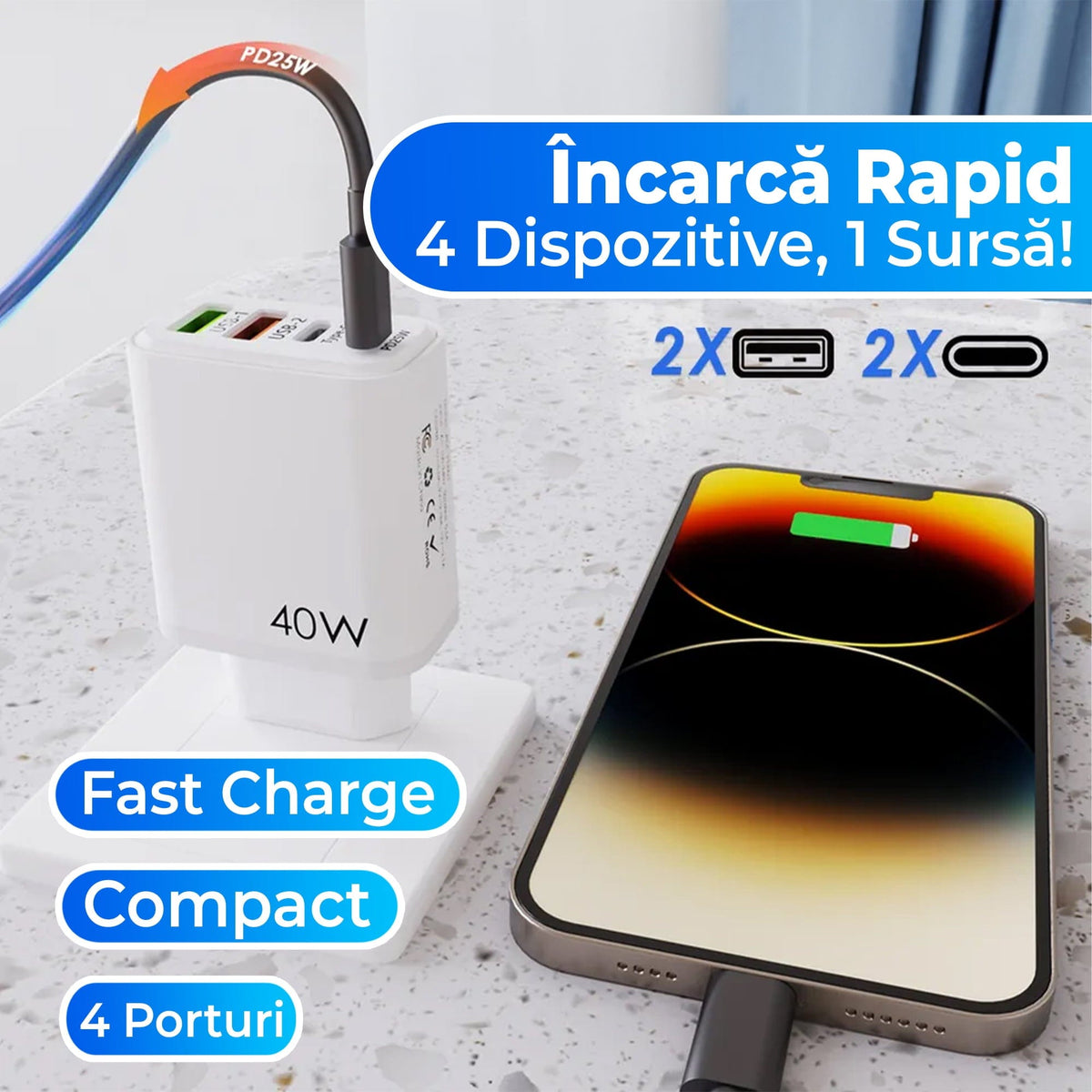 Incarcator Retea Timebox, 4 Porturi, 40W, 1 x Type-C, 3 x USB, Alb