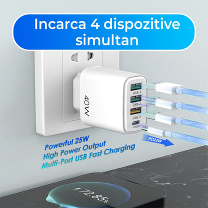 Incarcator Retea Timebox, 4 Porturi, 40W, 1 x Type-C, 3 x USB, Alb