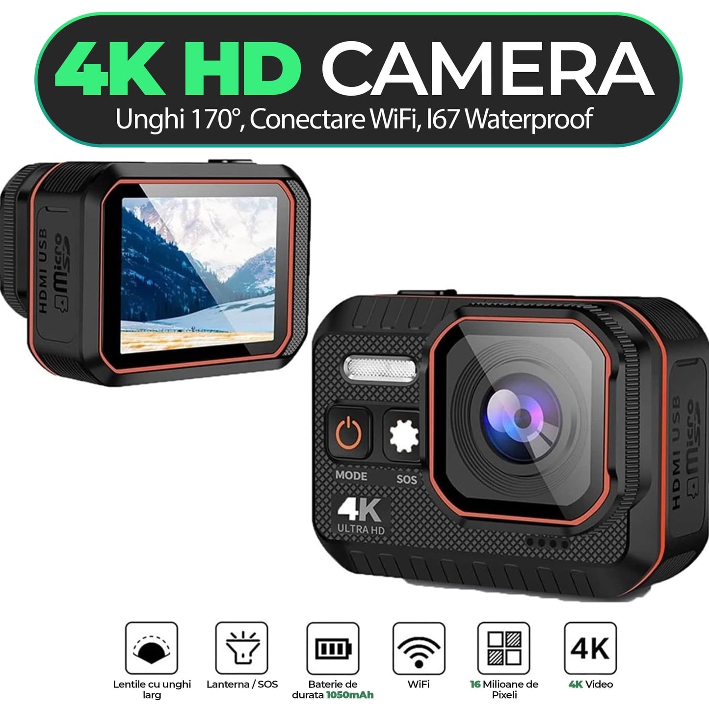 Camera de actiune VIRAN, inregistreaza pana la 4K 60FPS, lentina de protectie