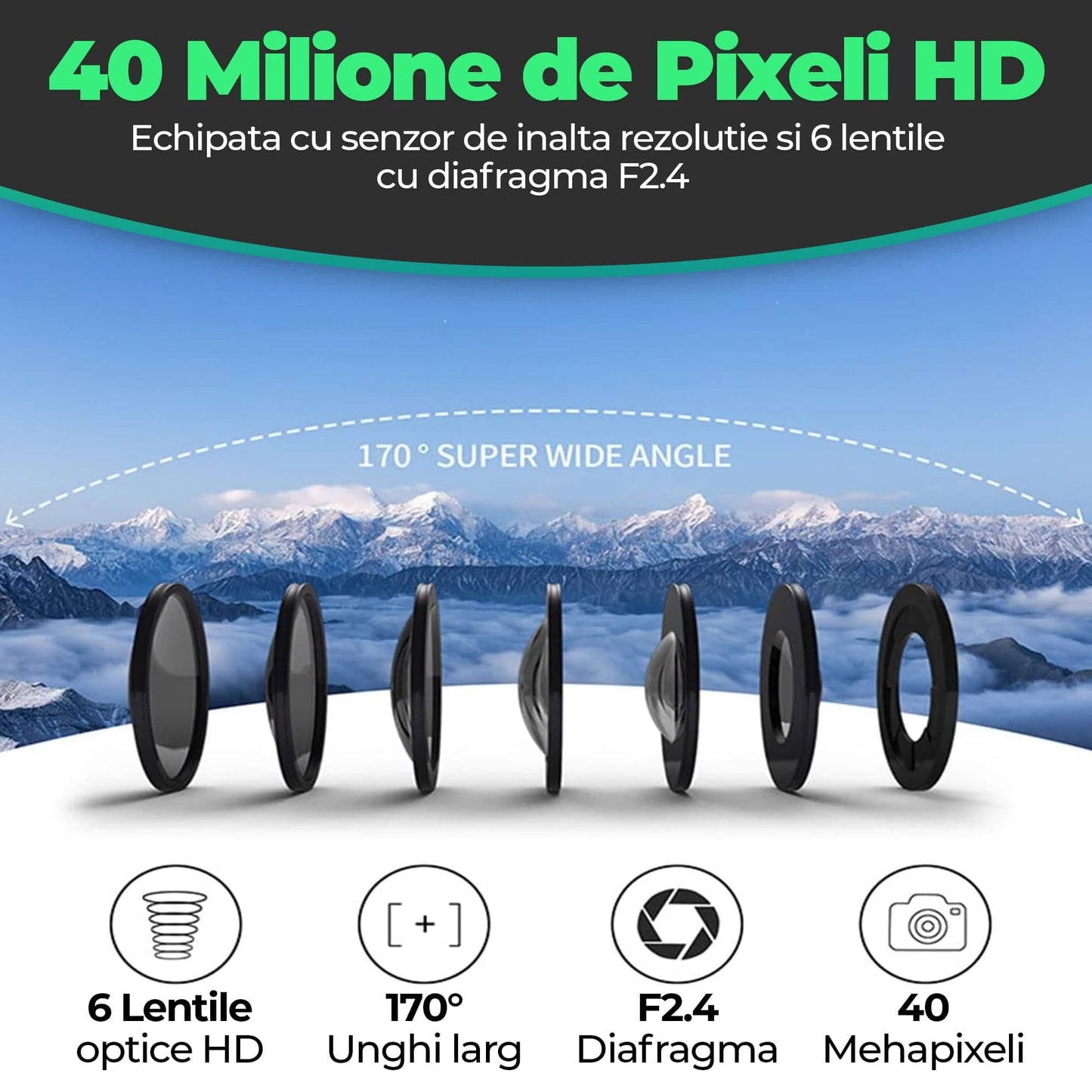 Camera de actiune VIRAN, inregistreaza pana la 4K 60FPS, lentina de protectie