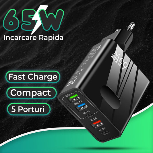 Incarcator Retea Timebox, 5 Porturi, 65W, 3 x USB, 2 x Type-C, QC 3, Negru