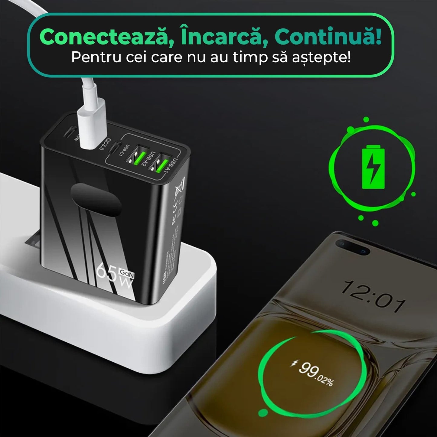 Incarcator Retea Timebox, 5 Porturi, 65W, 3 x USB, 2 x Type-C, QC 3, Negru