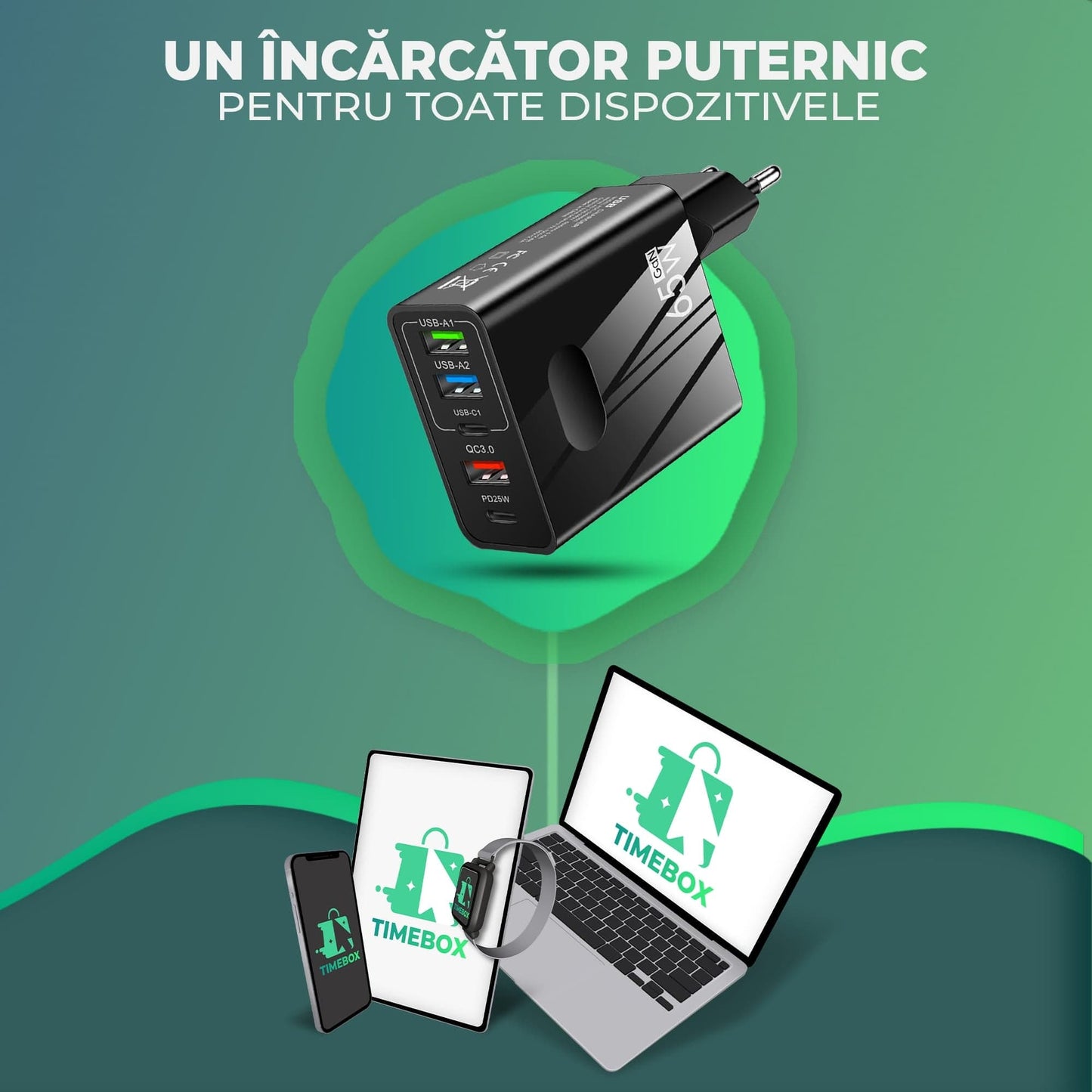 Incarcator Retea Timebox, 5 Porturi, 65W, 3 x USB, 2 x Type-C, QC 3, Negru
