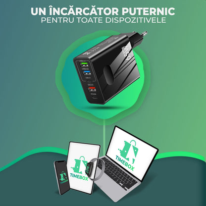 Incarcator Retea Timebox, 5 Porturi, 65W, 3 x USB, 2 x Type-C, QC 3, Negru