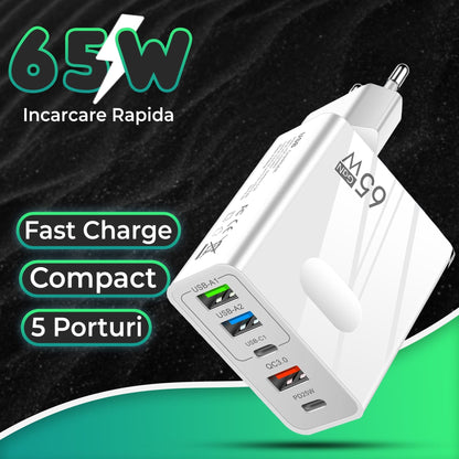 Incarcator Retea Timebox, 5 Porturi, 65W, 3 x USB, 2 x Type-C, QC 3, Alb