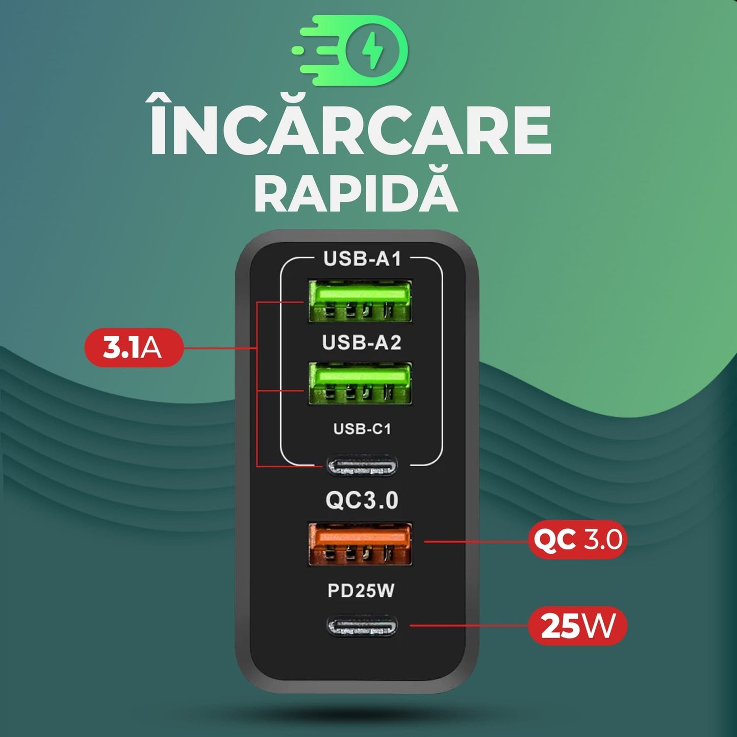 Incarcator Retea Timebox, 5 Porturi, 65W, 3 x USB, 2 x Type-C, QC 3, Alb