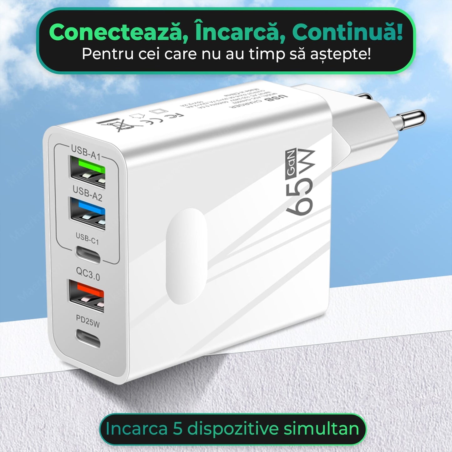 Incarcator Retea Timebox, 5 Porturi, 65W, 3 x USB, 2 x Type-C, QC 3, Alb