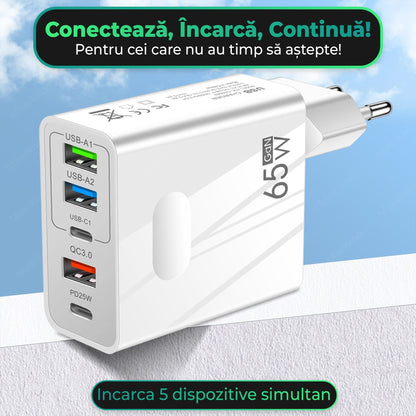 Incarcator Retea Timebox, 5 Porturi, 65W, 3 x USB, 2 x Type-C, QC 3, Alb