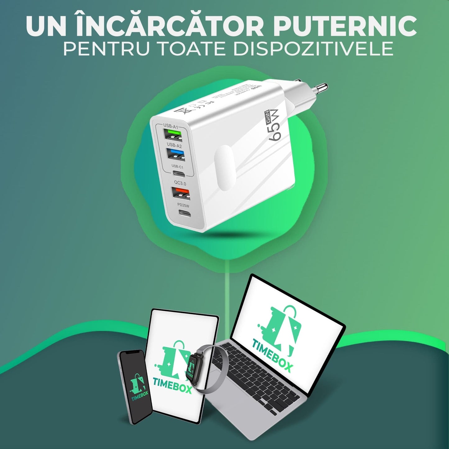 Incarcator Retea Timebox, 5 Porturi, 65W, 3 x USB, 2 x Type-C, QC 3, Alb