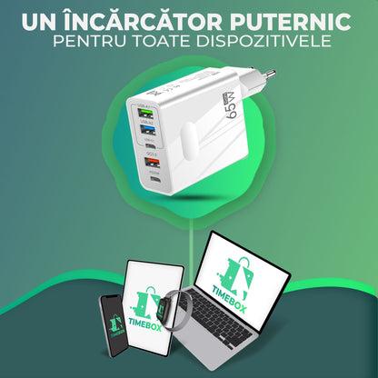 Incarcator Retea Timebox, 5 Porturi, 65W, 3 x USB, 2 x Type-C, QC 3, Alb
