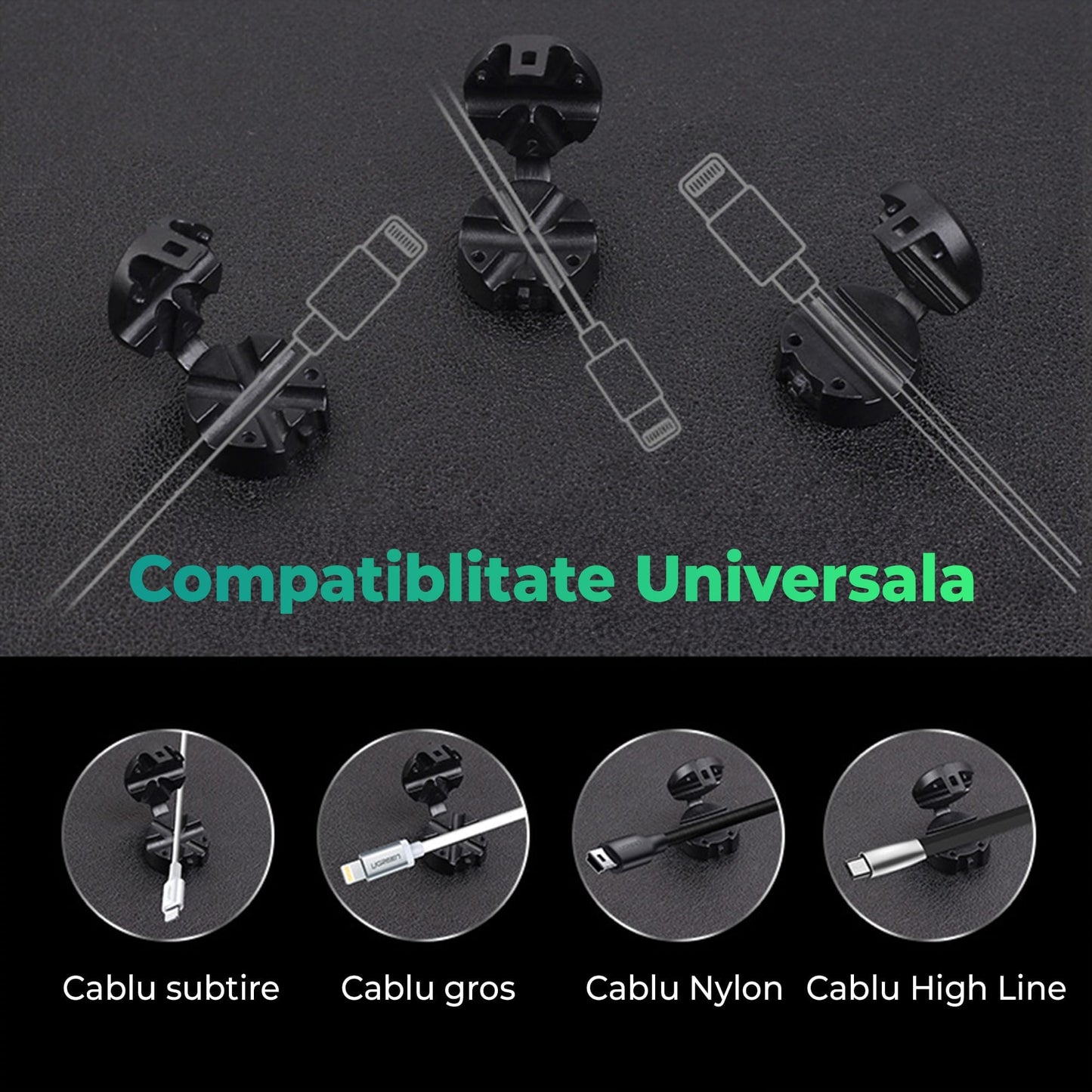 Organizator de cabluri Timebox, cu 4 locuri, masa, masina, noptiera, Negru