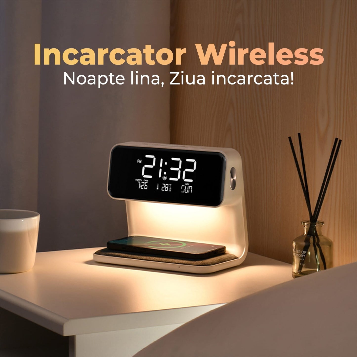 Incarcator Wireless Timebox, 10W, cu ceas digital si alarma, Alb