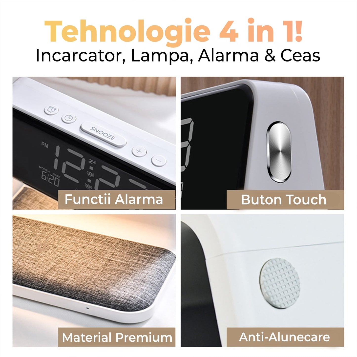 Incarcator Wireless Timebox, 10W, cu ceas digital si alarma, Alb